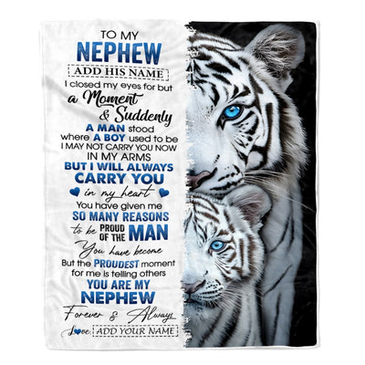 Personalized To My Nephew Blanket From Aunt Uncle Auntie I Close My Eyes White Tiger Nephew Birthday Gifts Graduation Christmas Custom Fleece Throw Blanket | teecentury