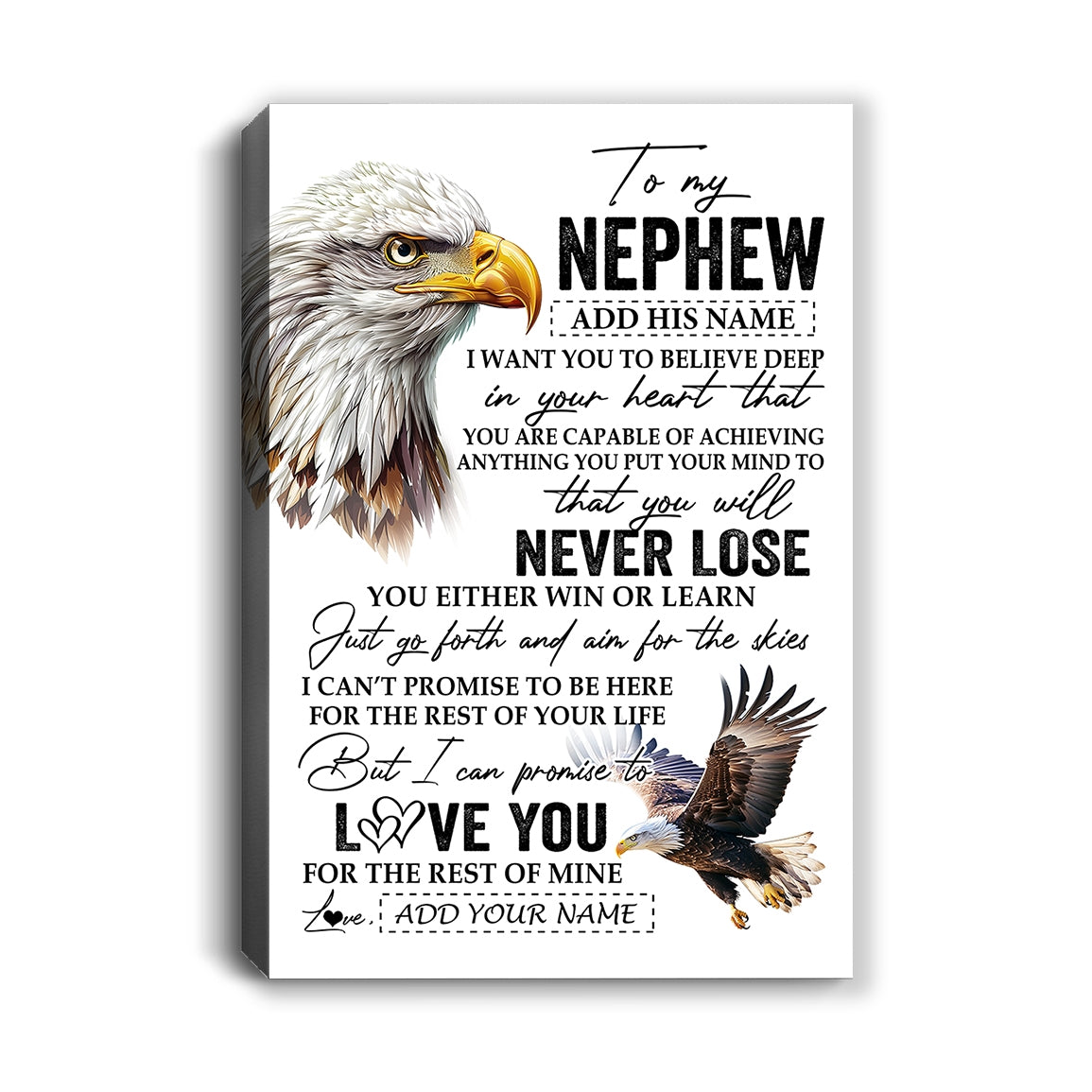 Personalized To My Nephew Canvas From Aunt Uncle Auntie You Will Never Lose Eagle Nephew Birthday Gifts Graduation Christmas Custom Wall Art Print Framed Canvas | teecentury