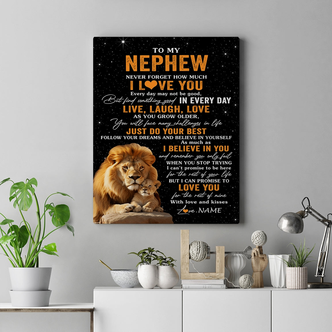 Personalized To My Nephew Canvas From Uncle Live Laugh Love Lion Nephew Birthday Gifts Positive Graduation Christmas Custom Wall Art Print Framed Canvas | teecentury