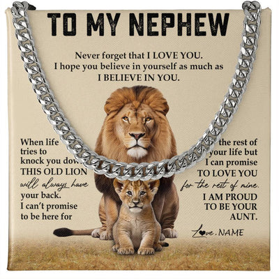 Cuban Link Chain Necklace Stainless Steel | 1 | Personalized To My Nephew Cuban Necklace From Uncle Never Forget That I Love You Lion Nephew Birthday Graduation Christmas Customized Gift Box Message Card | teecentury