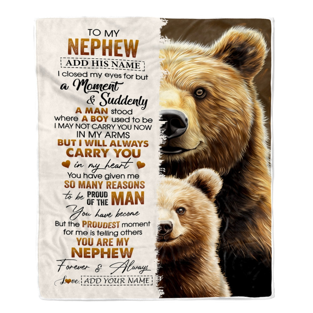 Personalized To My Nephew Gifts Blanket From Aunt Uncle Auntie I Close My Eyes Bear Nephew Birthday Gifts Graduation Christmas Custom Fleece Throw Blanket | teecentury