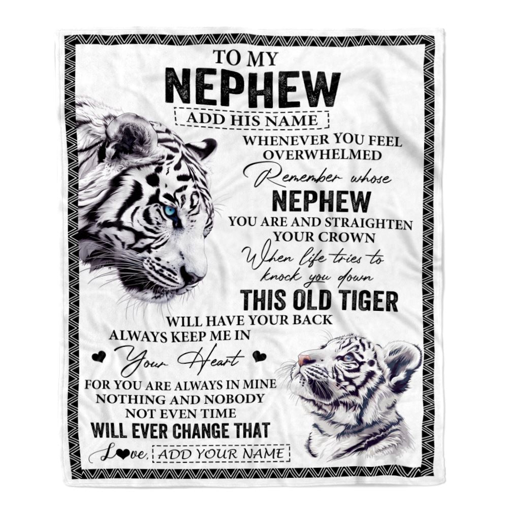 Personalized To My Nephew Gifts Blanket From Aunt Uncle Auntie Whenever White Tiger Unique Birthday Gifts For Nephew Graduation Christmas Fleece Throw Blanket | teecentury