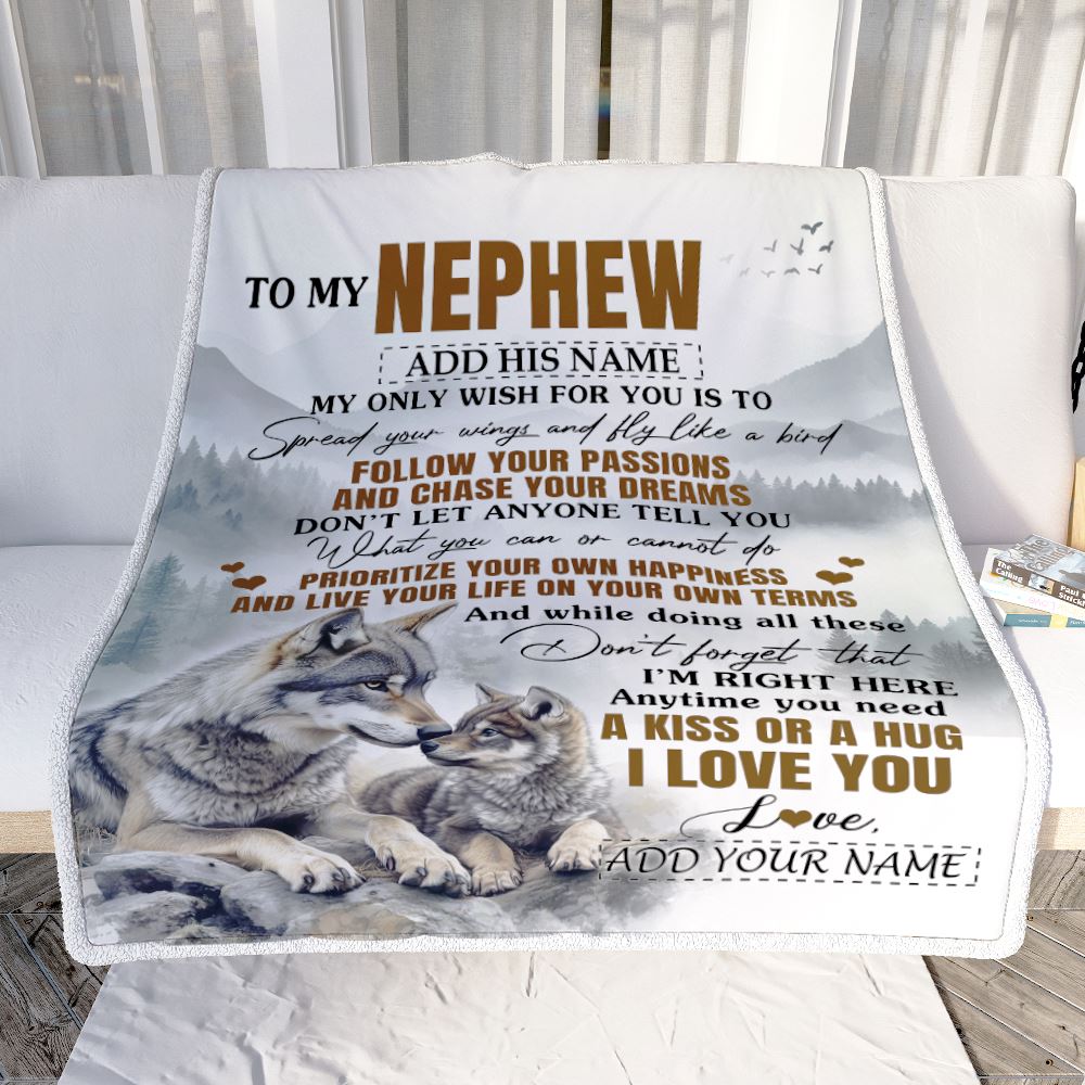 Personalized To My Nephew Gifts Blanket From Aunt Uncle Auntie Wolf My Only Wish For You Nephew Birthday Gifts Graduation Christmas Fleece Throw Blanket | teecentury