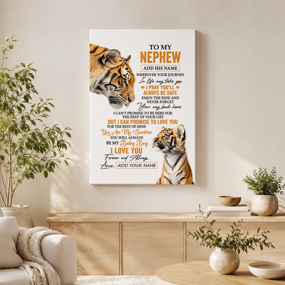 Personalized To My Nephew Gifts Canvas From Aunt Uncle Auntie Wherever Your Journey In Life Tiger Nephew Birthday Gifts Custom Wall Art Framed Canvas | teecentury