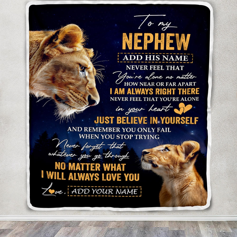 Personalized To My Nephew Gifts From Aunt Auntie Blanket Lion Never Feel Alone Birthday Gifts Nephew Graduation Valentines Christmas Custom Fleece Blanket | teecentury