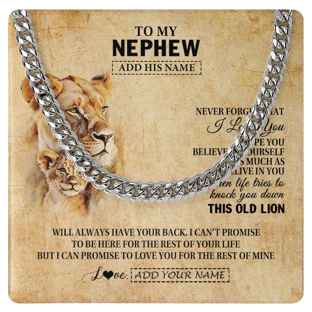 Cuban Link Chain Necklace Stainless Steel | 1 | Personalized To My Nephew Gifts From Aunt Auntie Lion Necklace I Love You Nephew Birthday Gifts From Aunt Graduation Christmas Custom Gift Box Message Card | https://teecentury.