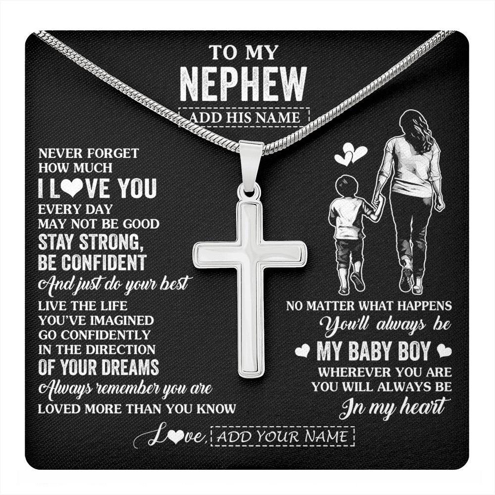 Stainless Cross Necklace Stainless Steel | 1 | Personalized To My Nephew Gifts From Aunt Auntie Necklace Never Forget How Much I Love You Nephew Birthday Graduation Christmas Custom Gift Box Message Card | https://teecentury.
