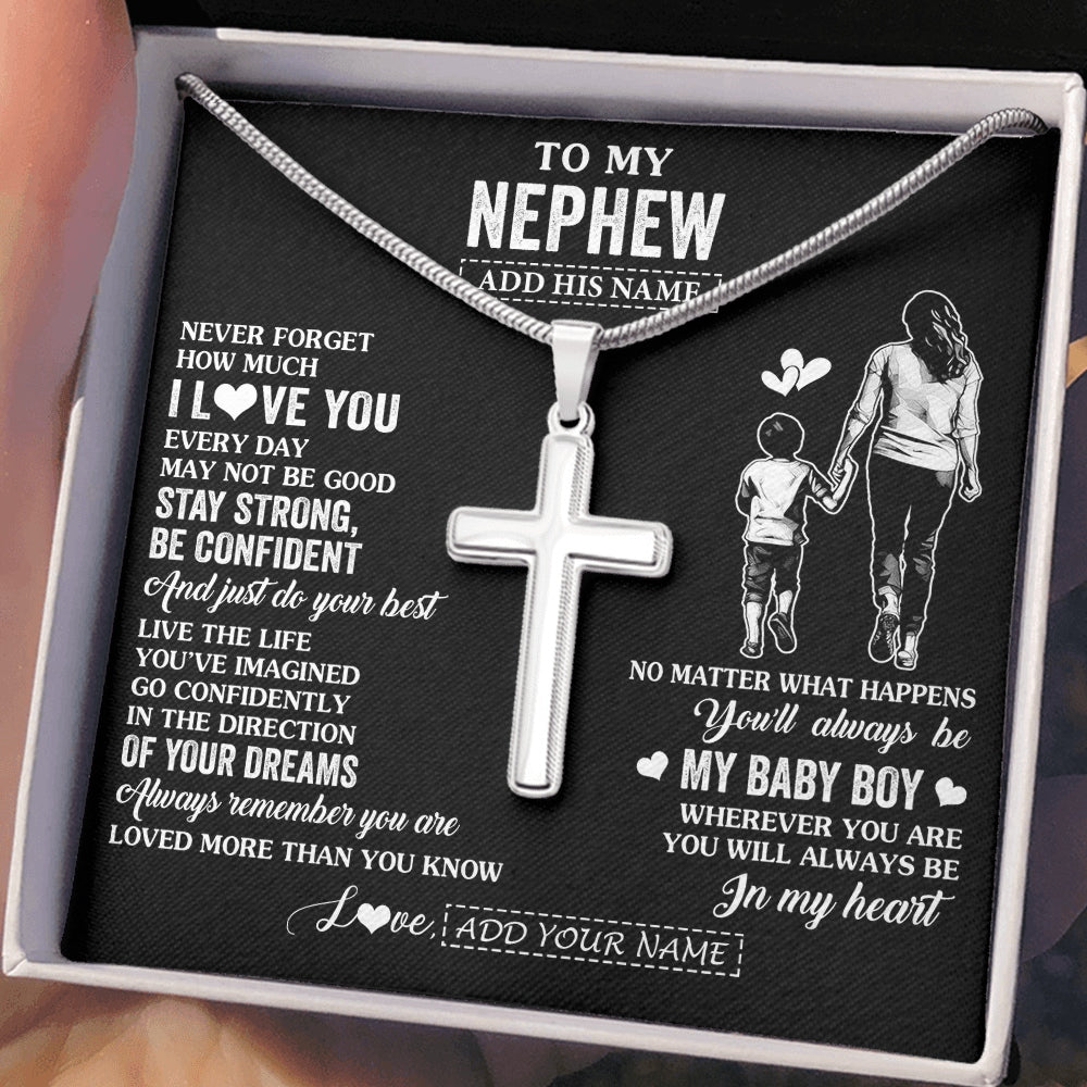 Stainless Cross Necklace Stainless Steel | 2 | Personalized To My Nephew Gifts From Aunt Auntie Necklace Never Forget How Much I Love You Nephew Birthday Graduation Christmas Custom Gift Box Message Card | https://teecentury.