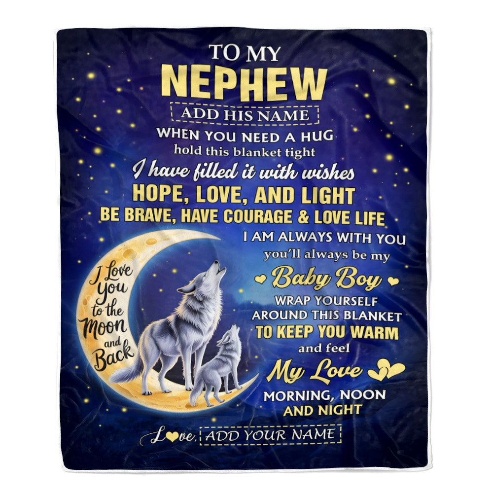 Personalized To My Nephew Gifts From Aunt Uncle Auntie Blanket I Love You Moon And Back Wolf Nephew Birthday Gifts Christmas Graduation Custom Fleece Blanket | teecentury