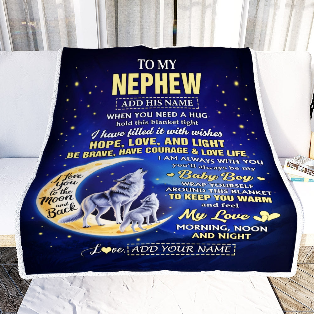 Personalized To My Nephew Gifts From Aunt Uncle Auntie Blanket I Love You Moon And Back Wolf Nephew Birthday Gifts Christmas Graduation Custom Fleece Blanket | teecentury