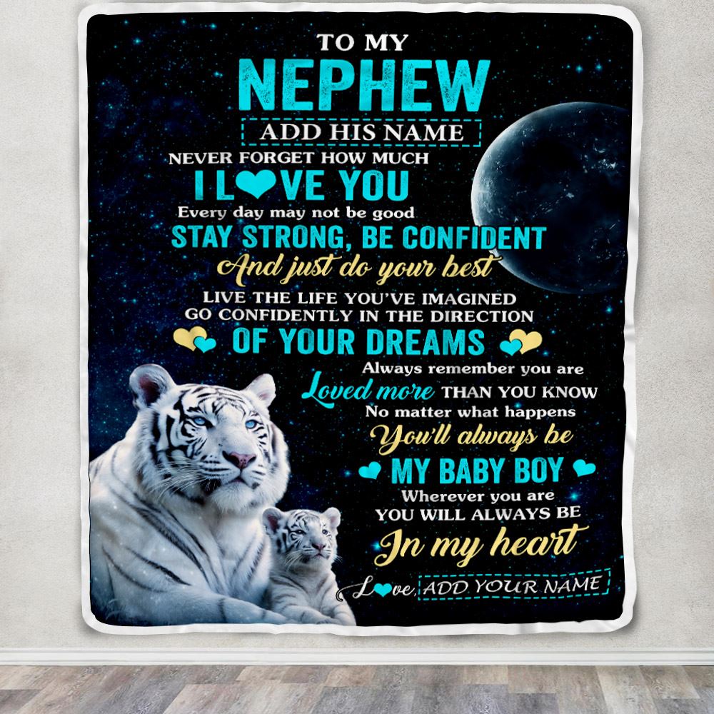 Personalized To My Nephew Gifts From Aunt Uncle Auntie Blanket White Tiger Never Forget How Much I Love You Nephew Birthday Graduation Christmas Fleece Blanket | teecentury