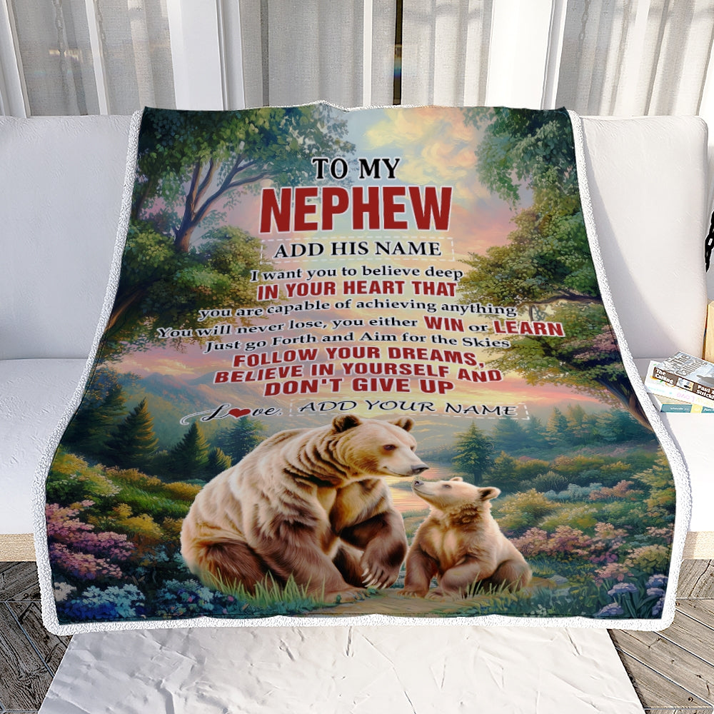 Personalized To My Nephew Gifts From Aunt Uncle Blanket Don't Give Up Bear Gifts For Nephew Birthday Graduation Christmas Customized Fleece Throw Blanket | teecentury