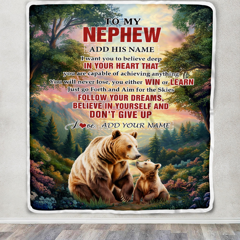 Personalized To My Nephew Gifts From Aunt Uncle Blanket Don't Give Up Bear Gifts For Nephew Birthday Graduation Christmas Customized Fleece Throw Blanket | teecentury