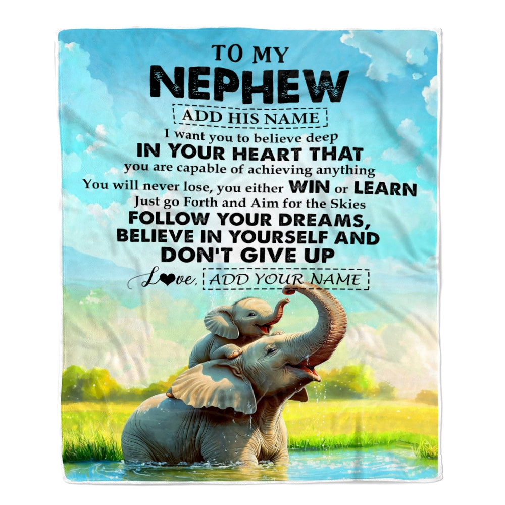Personalized To My Nephew Gifts From Aunt Uncle Blanket Don't Give Up Elephant Gifts For Nephew Birthday Graduation Christmas Custom Fleece Throw Blanket | teecentury