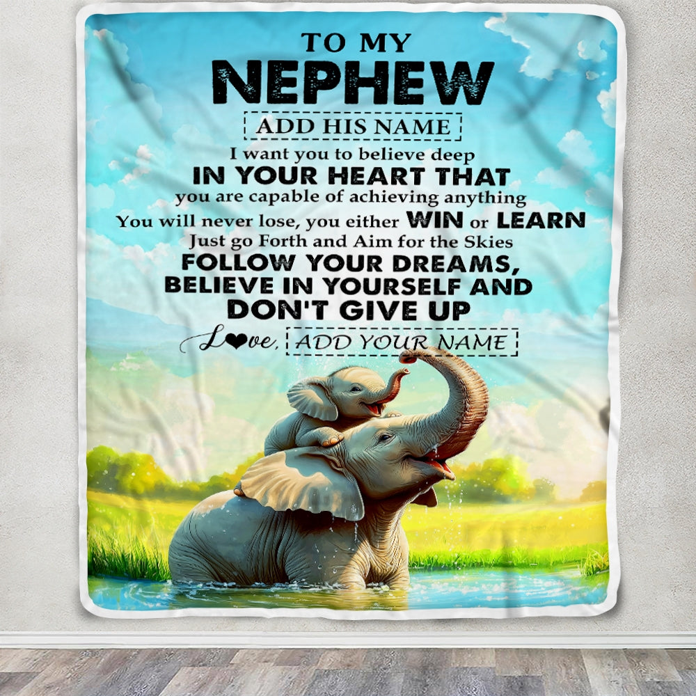 Personalized To My Nephew Gifts From Aunt Uncle Blanket Don't Give Up Elephant Gifts For Nephew Birthday Graduation Christmas Custom Fleece Throw Blanket | teecentury