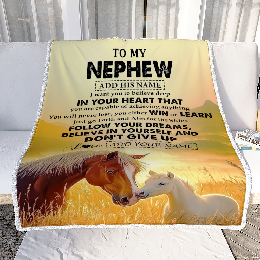 Personalized To My Nephew Gifts From Aunt Uncle Blanket Don't Give Up Horse Gifts For Nephew Birthday Graduation Christmas Customized Fleece Throw Blanket | teecentury