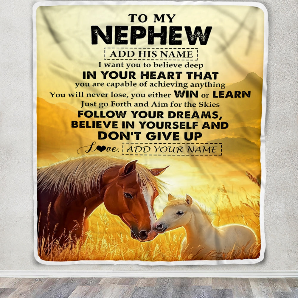 Personalized To My Nephew Gifts From Aunt Uncle Blanket Don't Give Up Horse Gifts For Nephew Birthday Graduation Christmas Customized Fleece Throw Blanket | teecentury