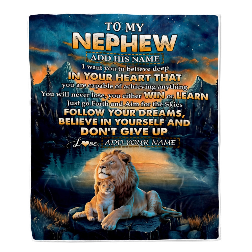 Personalized To My Nephew Gifts From Aunt Uncle Blanket Don't Give Up Lion Gifts For Nephew Birthday Graduation Christmas Customized Fleece Throw Blanket | teecentury