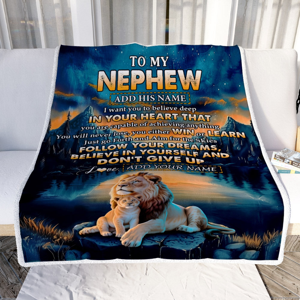 Personalized To My Nephew Gifts From Aunt Uncle Blanket Don't Give Up Lion Gifts For Nephew Birthday Graduation Christmas Customized Fleece Throw Blanket | teecentury