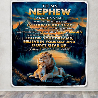 Personalized To My Nephew Gifts From Aunt Uncle Blanket Don't Give Up Lion Gifts For Nephew Birthday Graduation Christmas Customized Fleece Throw Blanket | teecentury