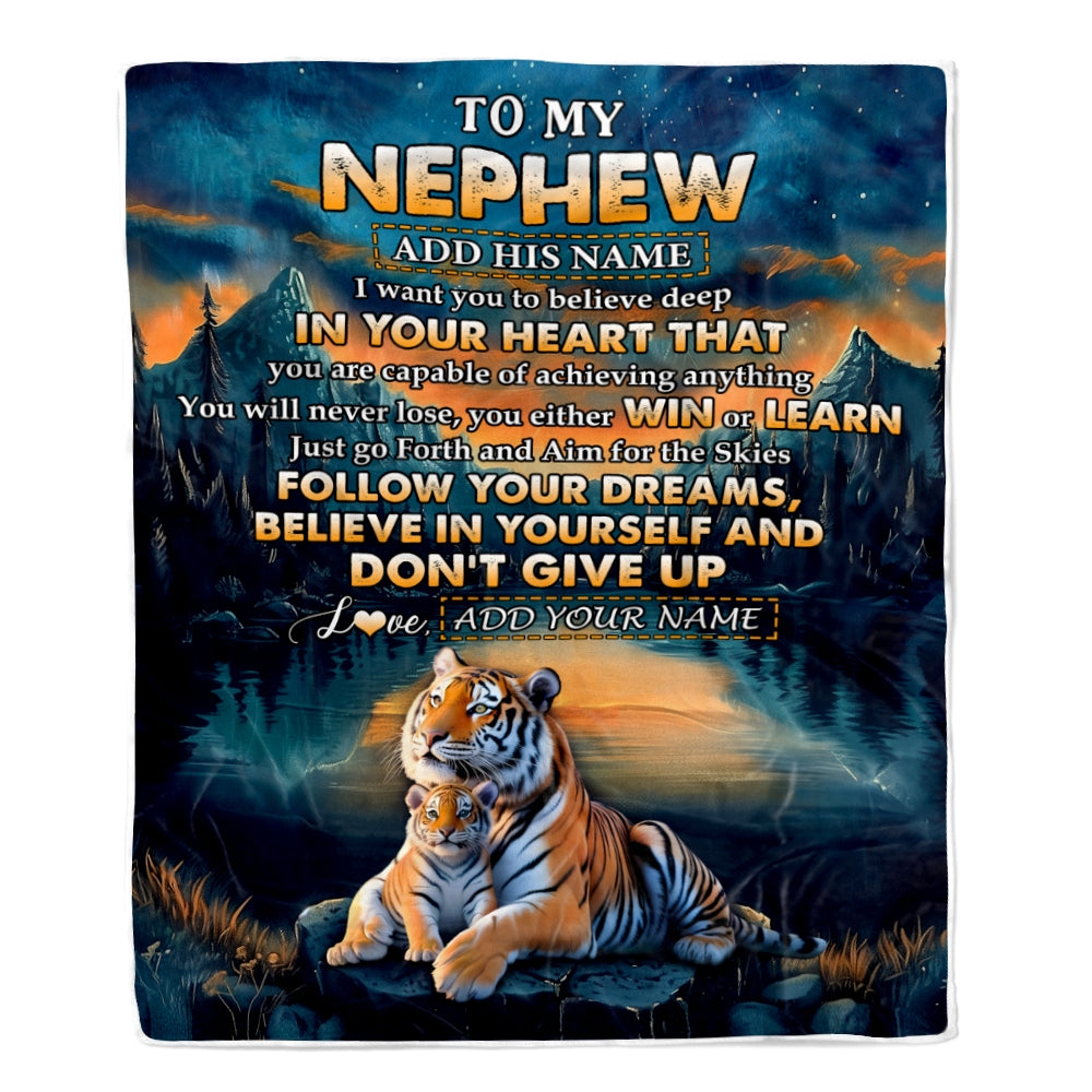 Personalized To My Nephew Gifts From Aunt Uncle Blanket Don't Give Up Tiger Gifts For Nephew Birthday Graduation Christmas Customized Fleece Throw Blanket | teecentury