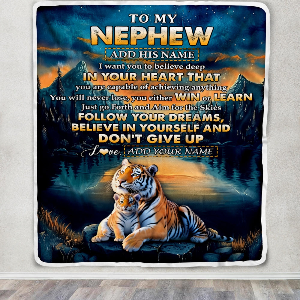 Personalized To My Nephew Gifts From Aunt Uncle Blanket Don't Give Up Tiger Gifts For Nephew Birthday Graduation Christmas Customized Fleece Throw Blanket | teecentury