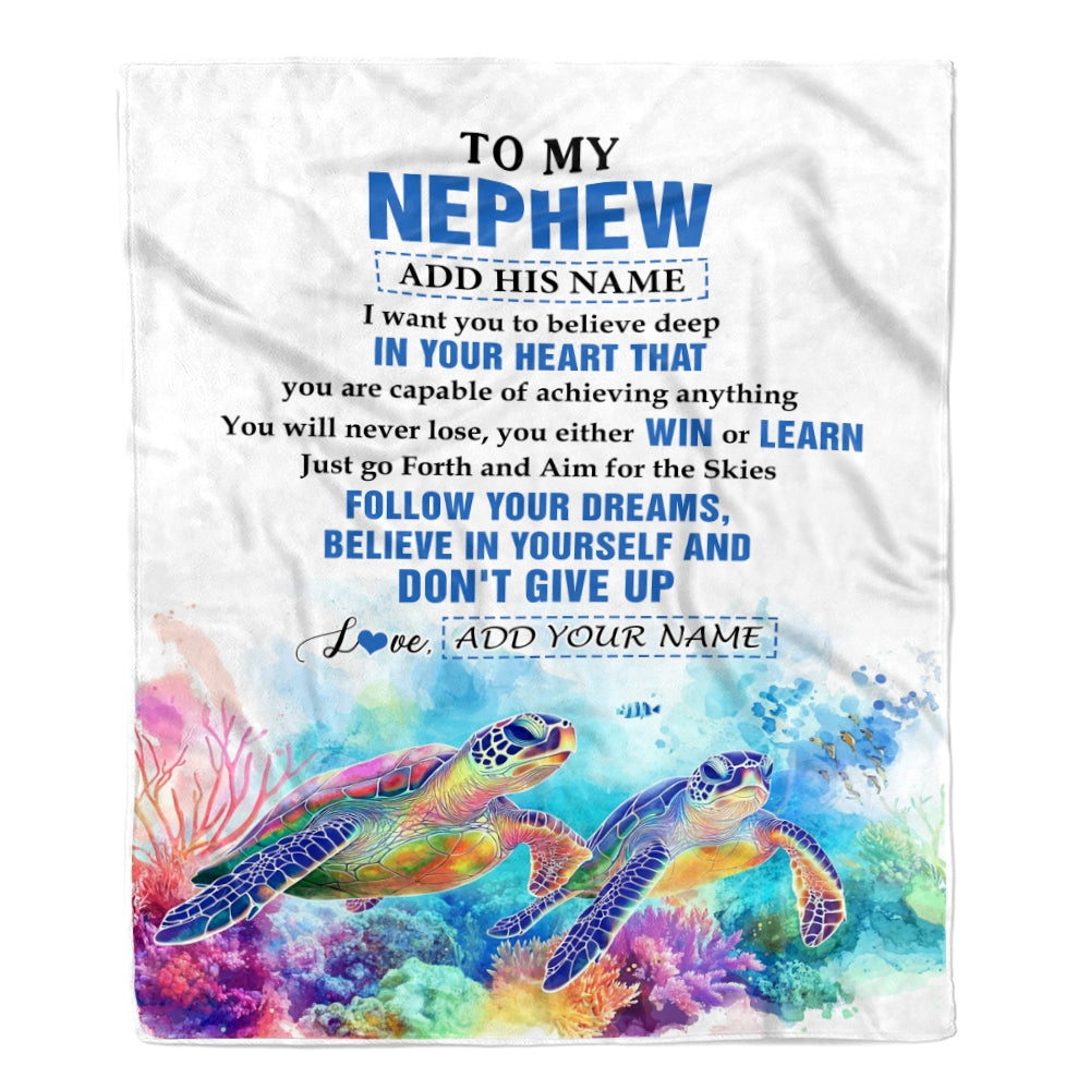 Personalized To My Nephew Gifts From Aunt Uncle Blanket Don't Give Up Turtle Gifts For Nephew Birthday Graduation Christmas Customized Fleece Throw Blanket | teecentury