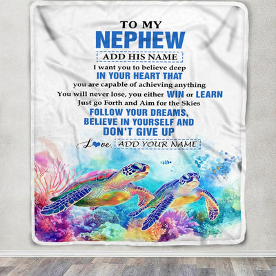 Personalized To My Nephew Gifts From Aunt Uncle Blanket Don't Give Up Turtle Gifts For Nephew Birthday Graduation Christmas Customized Fleece Throw Blanket | teecentury