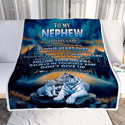 Personalized To My Nephew Gifts From Aunt Uncle Blanket Don't Give Up White Tiger Gifts For Nephew Birthday Graduation Christmas Custom Fleece Throw Blanket | teecentury