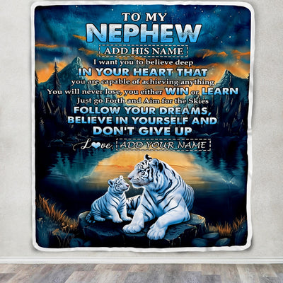 Personalized To My Nephew Gifts From Aunt Uncle Blanket Don't Give Up White Tiger Gifts For Nephew Birthday Graduation Christmas Custom Fleece Throw Blanket | teecentury