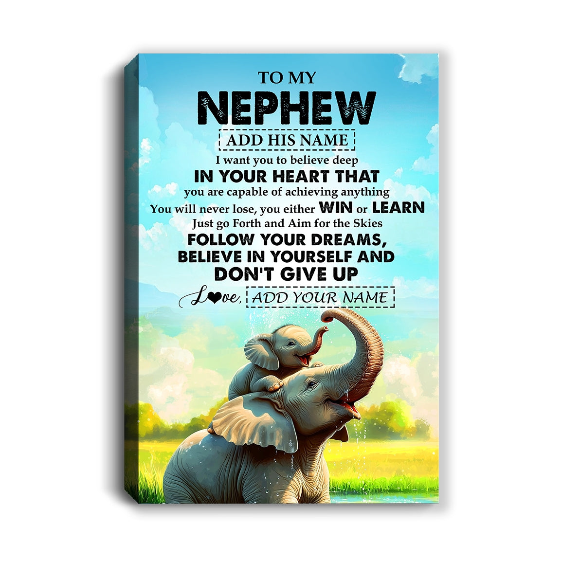 Personalized To My Nephew Gifts From Aunt Uncle Canvas Don't Give Up Elephant Gifts For Nephew Birthday Gifts Graduation Christmas Custom Wall Art Framed Canvas | teecentury