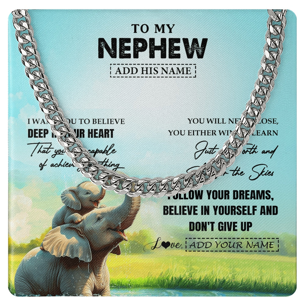 Cuban Link Chain Necklace Stainless Steel | 1 | Personalized To My Nephew Gifts From Aunt Uncle Necklace Don't Give Up Elephant Gifts For Nephew Birthday Graduation Christmas Custom Gift Box Message Card | https://teecentury.