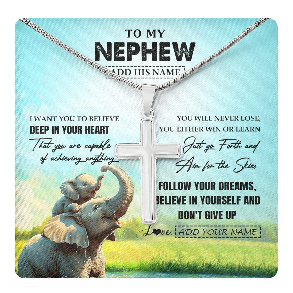 Stainless Cross Necklace Stainless Steel | 1 | Personalized To My Nephew Gifts From Aunt Uncle Necklace Don't Give Up Elephant Gifts For Nephew Birthday Graduation Christmas Custom Gift Box Message Card | https://teecentury.