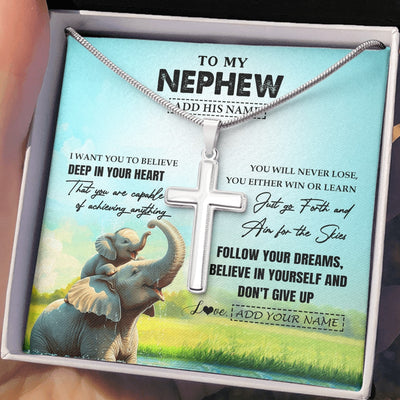 Stainless Cross Necklace Stainless Steel | 2 | Personalized To My Nephew Gifts From Aunt Uncle Necklace Don't Give Up Elephant Gifts For Nephew Birthday Graduation Christmas Custom Gift Box Message Card | https://teecentury.