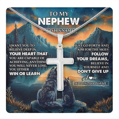 Stainless Cross Necklace Stainless Steel | 1 | Personalized To My Nephew Gifts From Aunt Uncle Necklace Don't Give Up Wolf Gifts For Nephew Birthday Graduation Christmas Customized Gift Box Message Card | teecentury