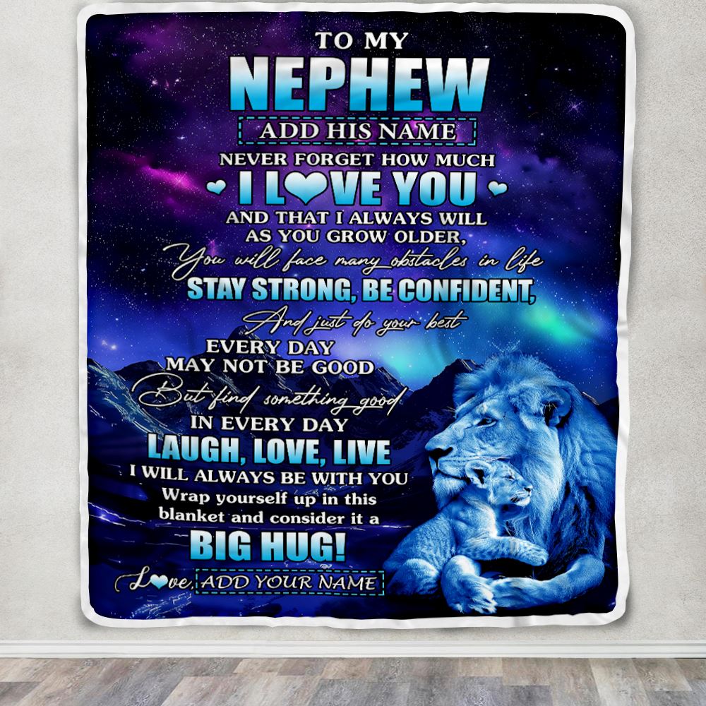 Personalized To My Nephew Gifts From Uncle Blanket Laught Love Live Lion Great Nephew Birthday Gifts Graduation Christmas Customized Fleece Throw Blanket | teecentury