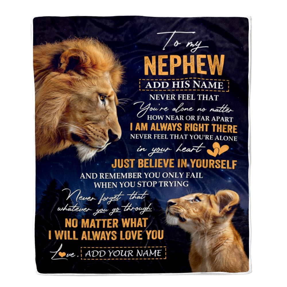 Personalized To My Nephew Gifts From Uncle Blanket Lion Never Feel Alone Birthday Gifts Nephew Graduation Valentines Christmas Custom Fleece Throw Blanket | teecentury
