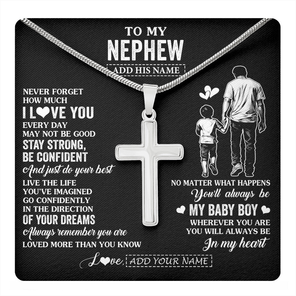 Stainless Cross Necklace Stainless Steel | 1 | Personalized To My Nephew Gifts From Uncle Necklace Never Forget How Much I Love You Nephew Birthday Graduation Christmas Custom Gift Box Message Card | https://teecentury.