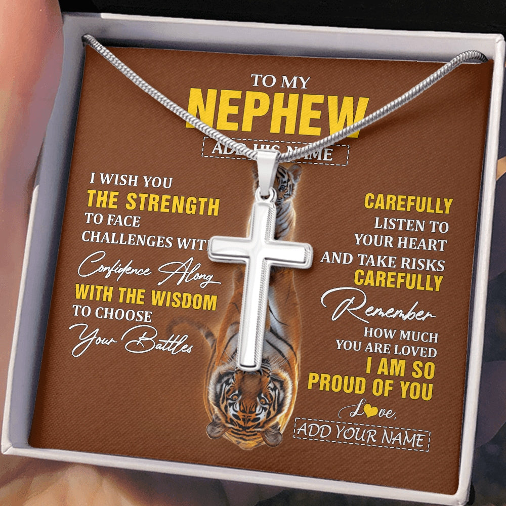 Stainless Cross Necklace Stainless Steel | 2 | Personalized To My Nephew Gifts Necklace From Aunt Uncle Auntie I Wish You The Strength Tiger Nephew Birthday Gifts Christmas Graduation Gift Box Message Card | https://teecentury.