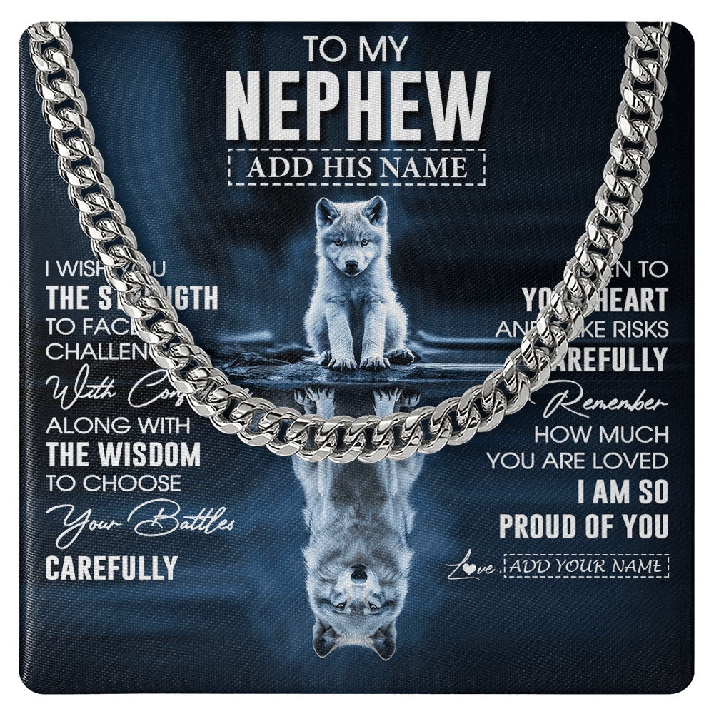 Cuban Link Chain Necklace Stainless Steel | 1 | Personalized To My Nephew Gifts Necklace From Aunt Uncle Auntie I Wish You The Strength Wolf Nephew Birthday Gifts Christmas Graduation Gift Box Message Card | https://teecentury.