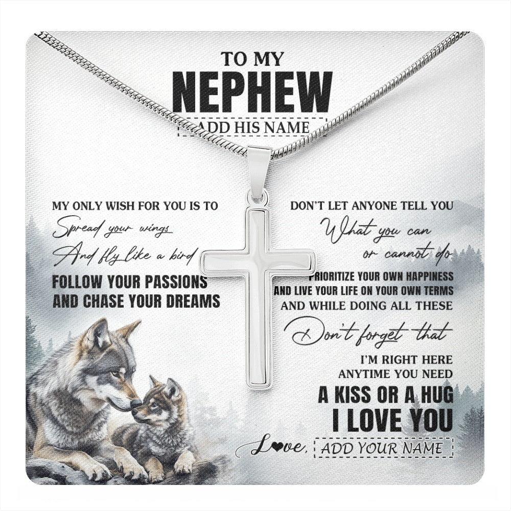 Stainless Cross Necklace Stainless Steel | 1 | Personalized To My Nephew Gifts Necklace From Aunt Uncle Auntie Wolf My Only Wish For You Nephew Birthday Gifts Graduation Christmas Gift Box Message Card | https://teecentury.
