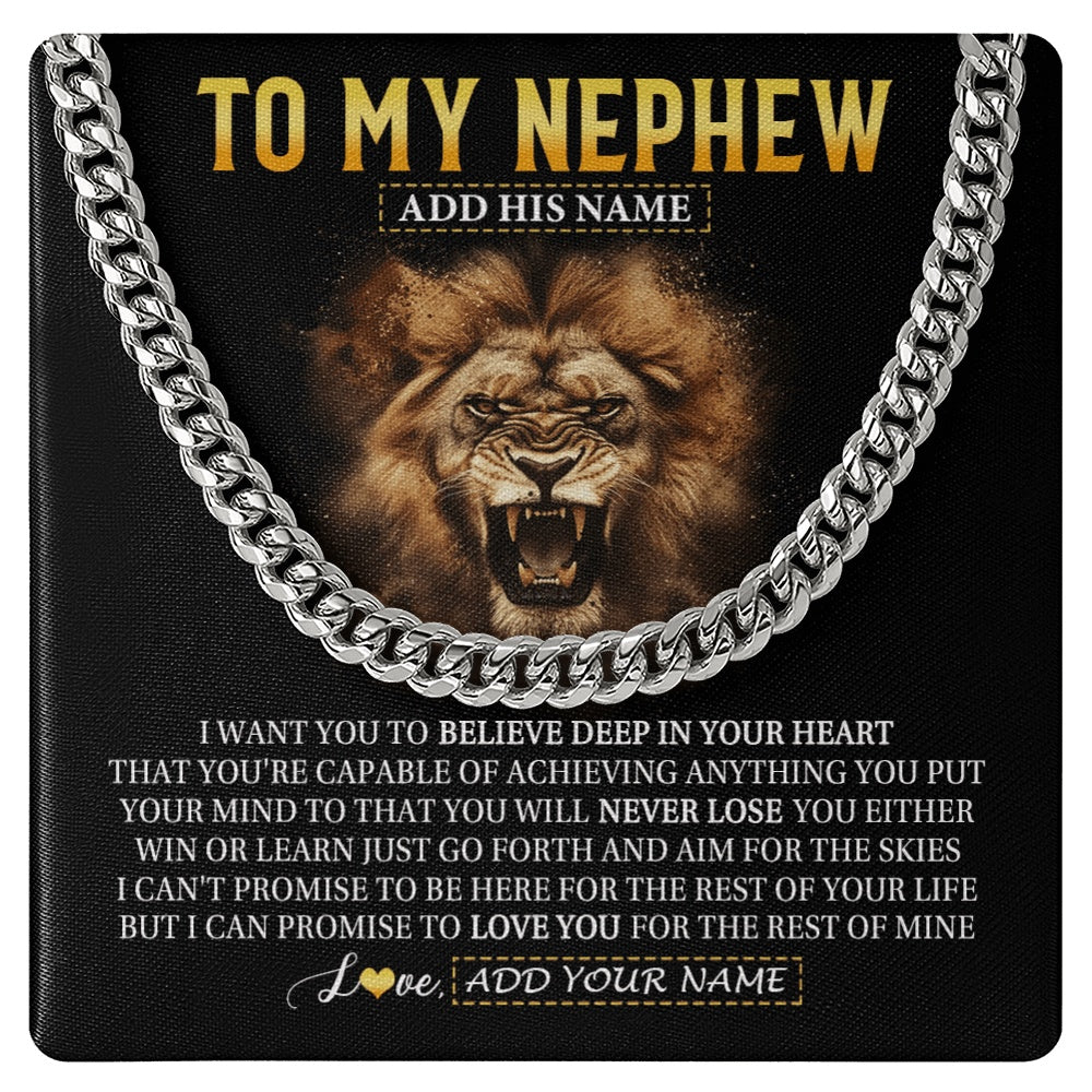 Cuban Link Chain Necklace Stainless Steel | 1 | Personalized To My Nephew Gifts Necklace From Uncle Aunt Believe In Your Heart Lion Nephew Birthday Gifts Graduation Christmas Custom Gift Box Message Card | https://teecentury.