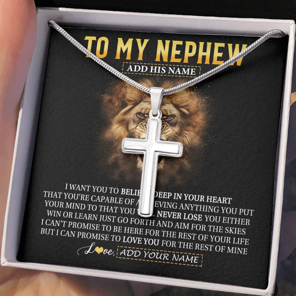 Stainless Cross Necklace Stainless Steel | 2 | Personalized To My Nephew Gifts Necklace From Uncle Aunt Believe In Your Heart Lion Nephew Birthday Gifts Graduation Christmas Custom Gift Box Message Card | https://teecentury.