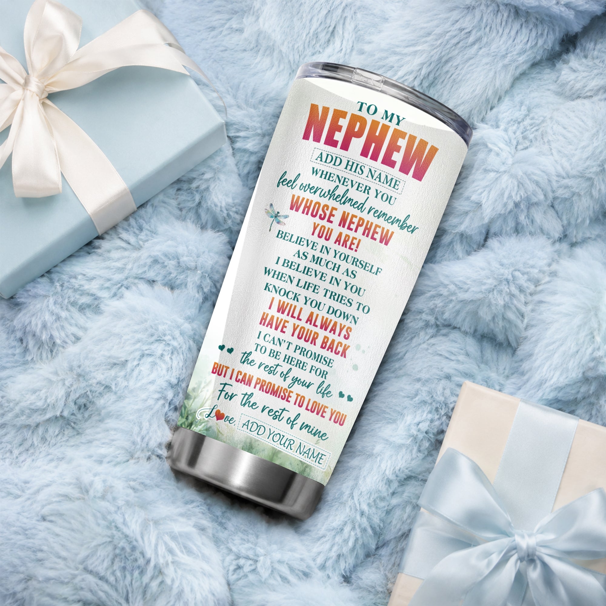 Personalized To My Nephew Gifts Tumbler From Aunt Uncle Auntie Whenever You Feel Dragonfly Nephew Birthday Gifts Graduation Christmas Custom Stainless Steel Travel Mug | teecentury