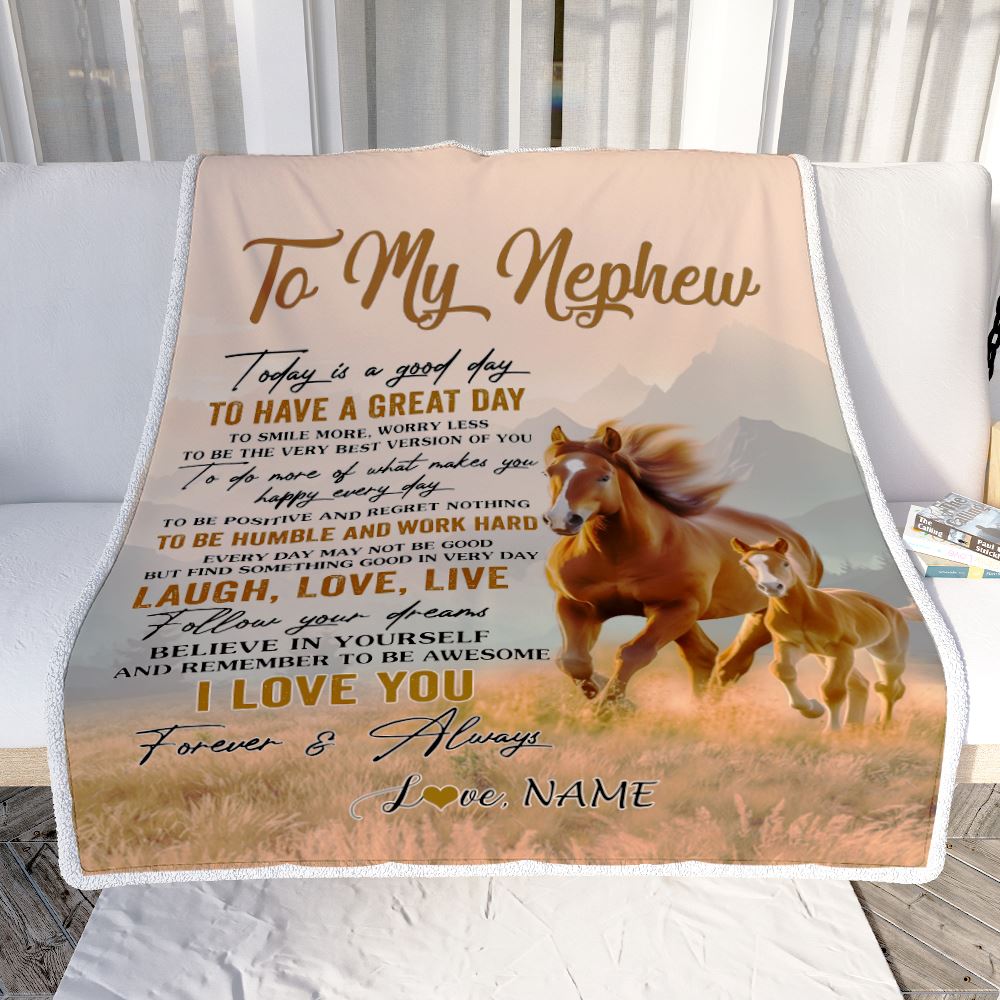 Personalized To My Nephew Horse Blanket From Aunt Uncle Auntie Every Day Laugh Love Live Nephew Birthday Gifts Christmas Customized Fleece Throw Blanket | teecentury