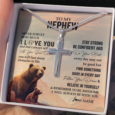 Stainless Cross Necklace Stainless Steel | 2 | Personalized To My Nephew I Love You Forever Necklace From Aunt Uncle Bear Nephew Birthday Gifts Graduation Christmas Customized Gift Box Message Card | teecentury