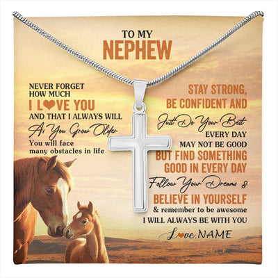 Stainless Cross Necklace Stainless Steel | 1 | Personalized To My Nephew I Love You Forever Necklace From Uncle Aunt Auntie Horse Nephew Birthday Gifts Graduation Christmas Customized Gift Box Message Card | teecentury