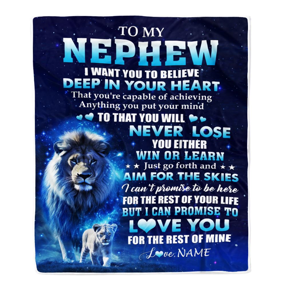 Personalized To My Nephew Lion From Uncle Blanket Believe Your Heart Nephew Gift Birthday Graduation Christmas Custom Customized Fleece Throw Blanket | teecentury