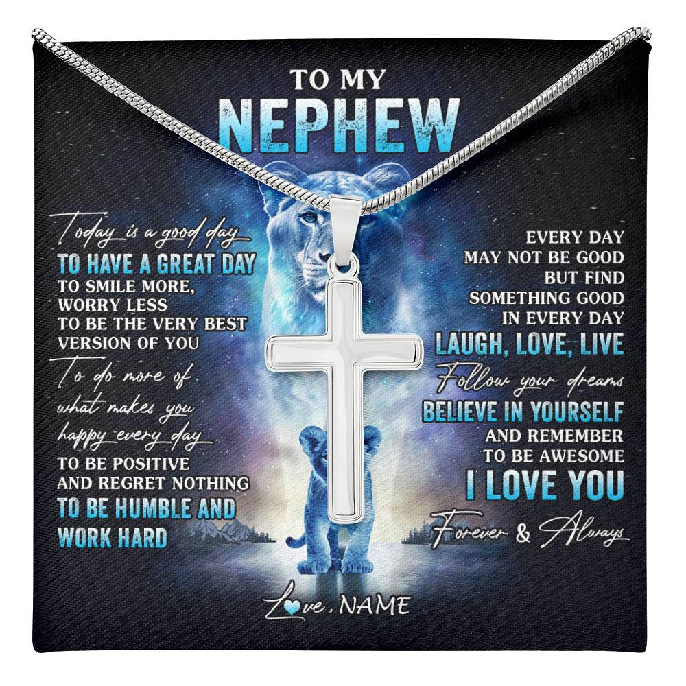 Stainless Cross Necklace Stainless Steel | 1 | Personalized To My Nephew Lion Necklace From Aunt Auntie Every Day Laugh Love Live Nephew Birthday Graduation Christmas Customized Gift Box Message Card | teecentury