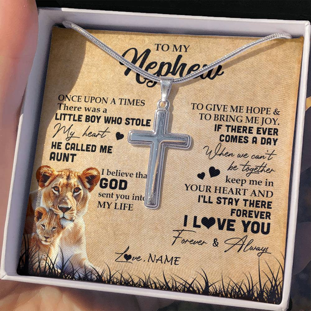 Stainless Cross Necklace | Personalized To My Nephew Lion Necklace From Aunt Auntie I'll Stay There Forever Nephew Birthday Graduation Christmas Customized Gift Box Message Card | teecentury